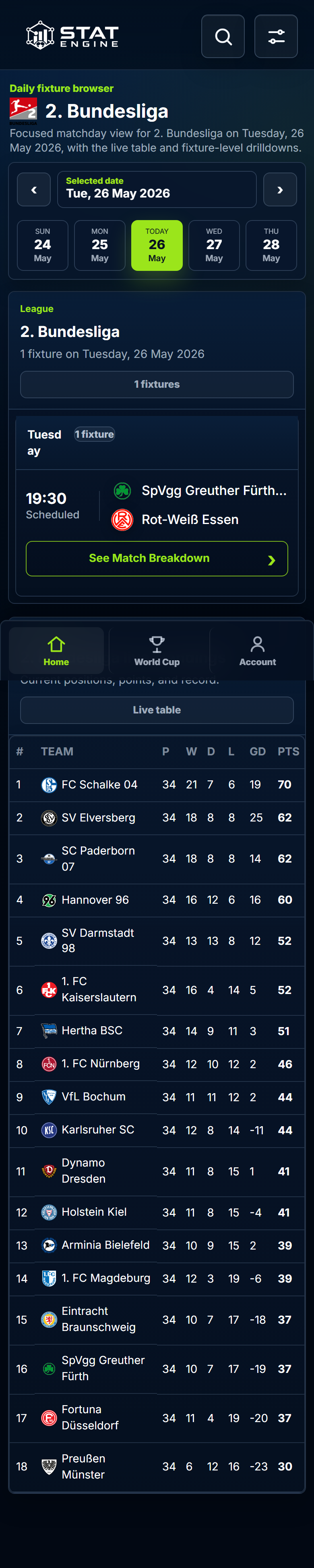 Stat Engine league fixture screen